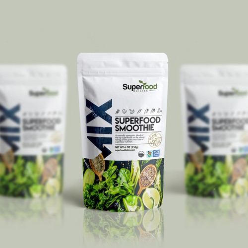 Superfood packaging with the title 'Superfood Smoothie Mix'