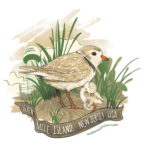 Island design with the title 'piping plovers for seashore outfitters'