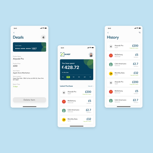 UI design with the title 'Receipt App'