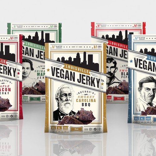 Vegan packaging with the title 'Refresh Louisville Vegan Jerky Packaging'