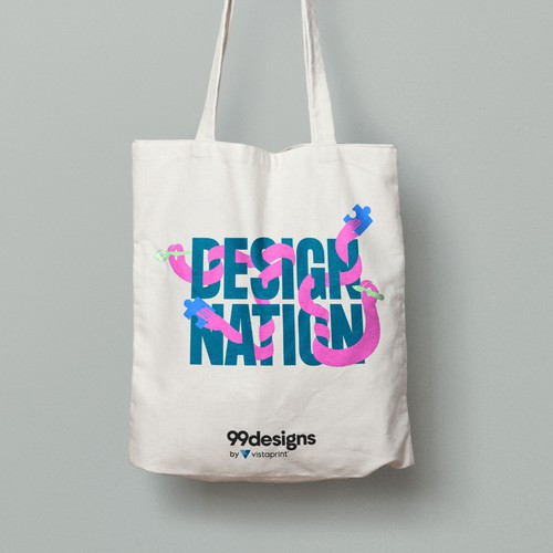 Creative illustration with the title 'Tote Bag design for a design conference'