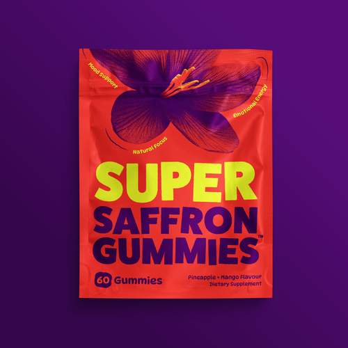 Gummy packaging with the title 'Packaging Design for Saffron Gummies'