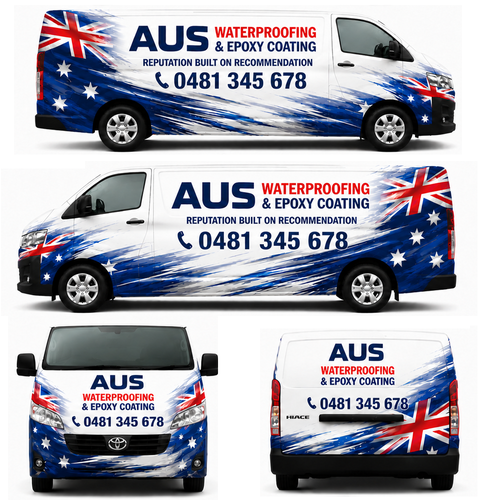 Car graphics design with the title 'AUS Waterproofing & Epoxy Coating'