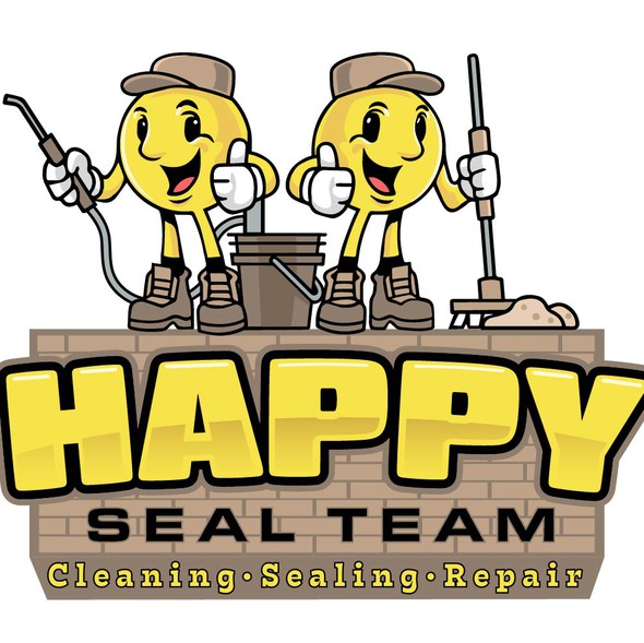 Cartoon pressure washing logo with the title 'Happy Seal Team'