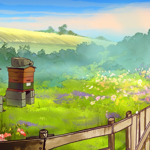 Landscape artwork with the title 'Beehives'