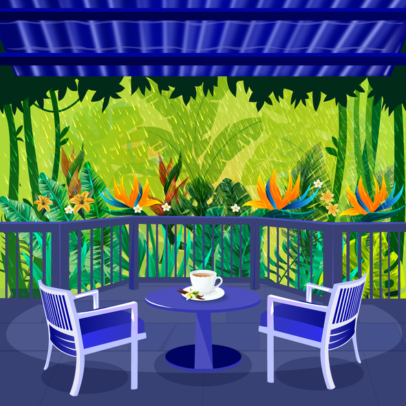 Scene design with the title 'Tropical coffee shop illustration'