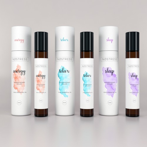 3D label with the title 'Premium packaging design for wellness brand NOSTRESS'