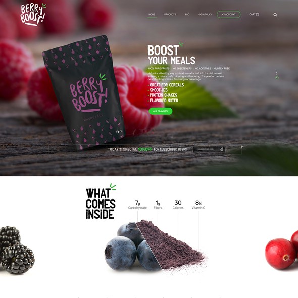 Drink website with the title 'BERRY BOOST! Webdesign'