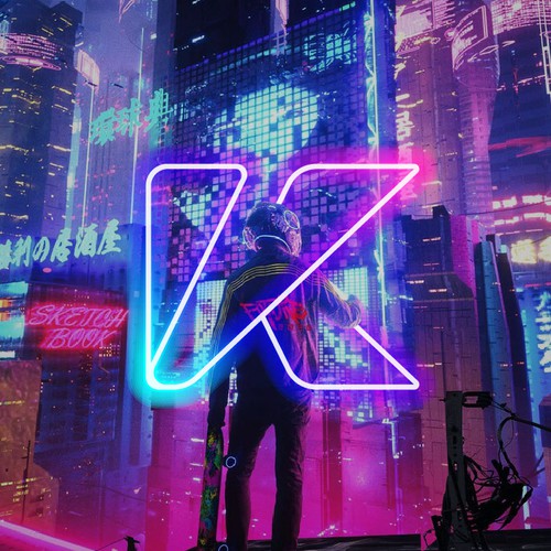 Neon design with the title 'CyberPunk Abstract Geometric crypto logo'