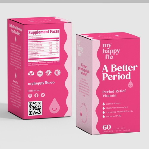 Carton packaging with the title 'My Happy Flo A Better Period Box Design'