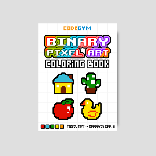 Kids book cover with the title 'Binary Pixel Art Coloring Book'