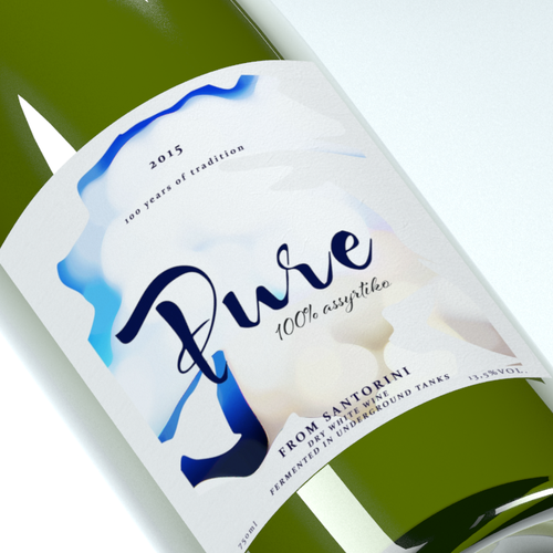 Package label with the title 'Create a wine label for a unique product, Pure, Assyrtiko from Santorini'