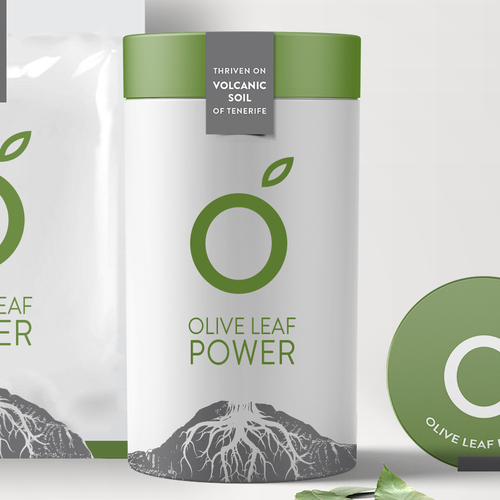 Green packaging with the title 'Olive leaf powder tube & sachet.'