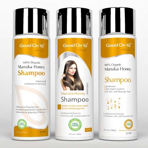 Skincare label with the title 'Label design for Prestige Organic Manuka Honey Shampoo'
