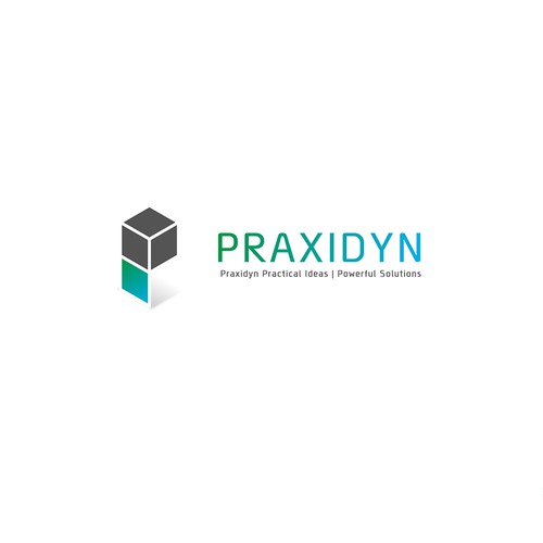 Cube design with the title 'New identity for: Praxidyn      Practical Ideas. Powerful Solutions.'