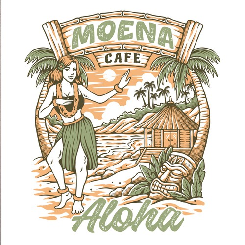 Beach bar design with the title 'Moena Cafe Tshirt Illustration'