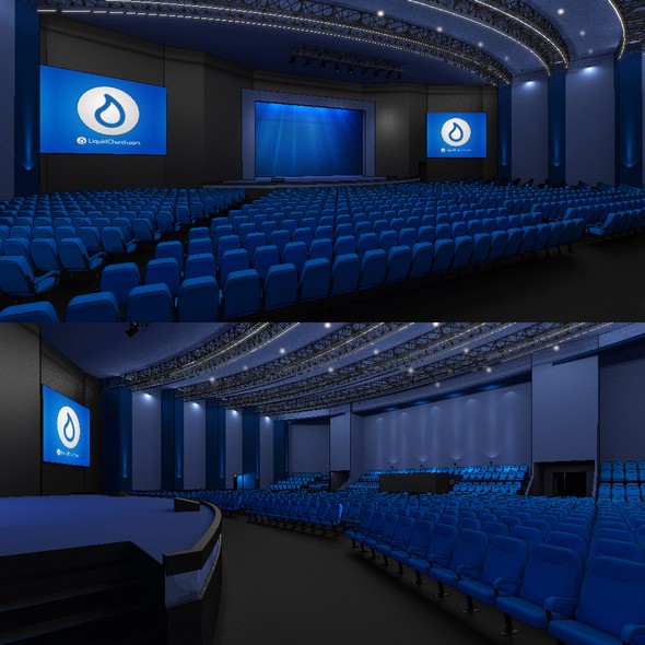 Interior design artwork with the title 'Design the internal part of the concert hall for Liquid Church company'