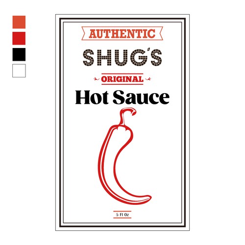 Industrial packaging with the title 'Shug's Bagels - Hot Sauce Bottle Label'