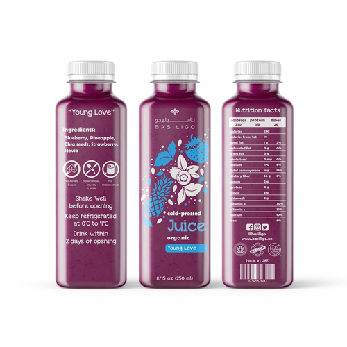 Juice label with the title 'Basiligo - cold pressed organic juice '