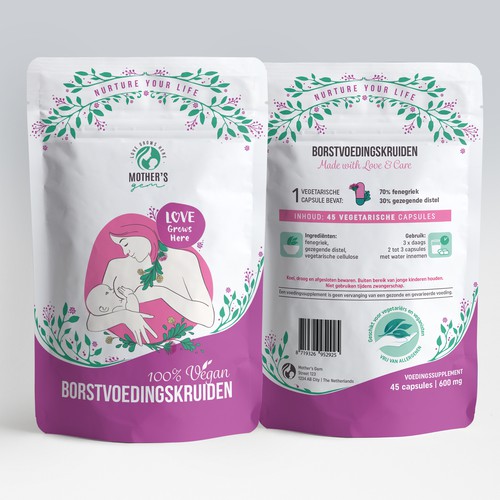Stand-up pouch packaging with the title 'eye-catching stand up packaging for a dietary supplement for breastfeeding mothers'