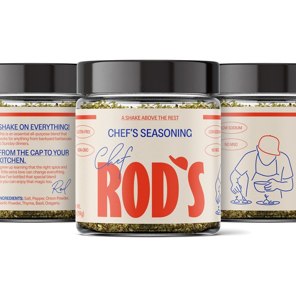 Spice label with the title 'Design the Next Iconic Label for Chef Rod's All-Purpose Seasoning'