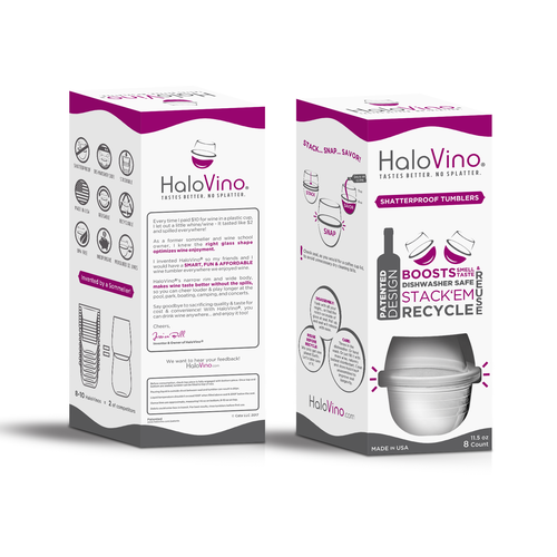 Glass packaging with the title 'HaloVino Retail Box'