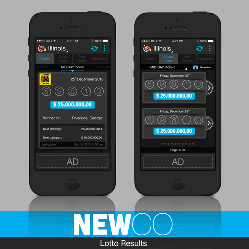 IPhone design with the title 'Play the lottery with a NEW App designed by you! Create a design for a NEW Lottery Results APP'