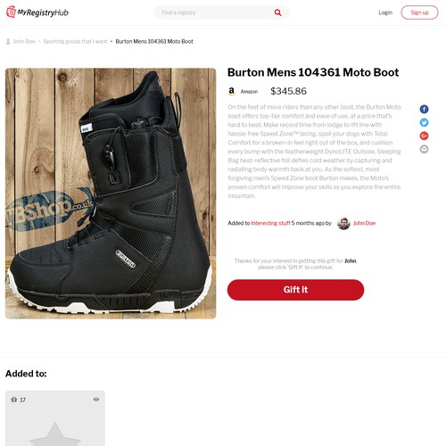 Product page design with the title 'Wish lists service redesign'