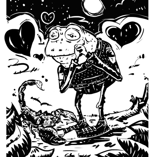 Frog illustration with the title 'frog and scorpion'