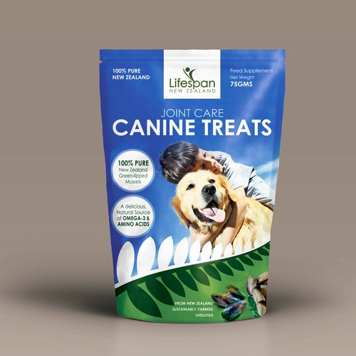 Animal label with the title ' Joint-Care Dog Treat Packaging'