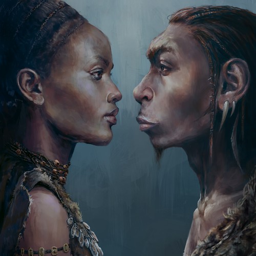 Science artwork with the title 'Neanderthalensis  &  Sapiens'
