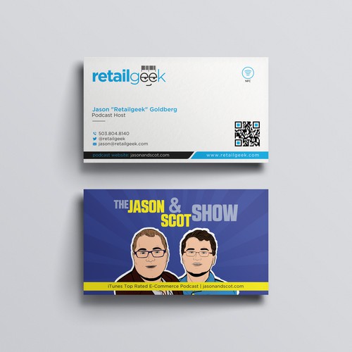 Online marketing design with the title 'Podcast Host and Moo sized Business card'