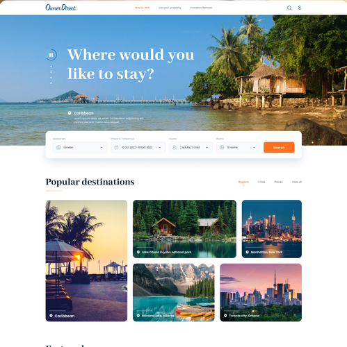 Travel website with the title 'OwnerDirect.com homepage design'