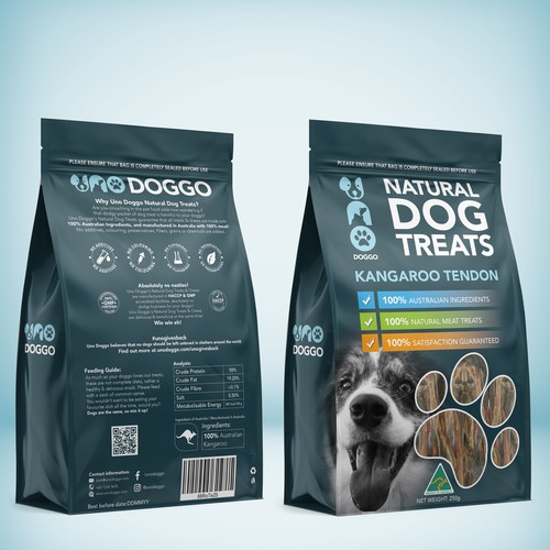 Dog food packaging with the title 'Premium Dog Treats Company Needs a Kickass Product Package!'