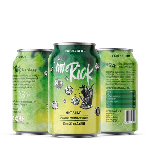 Liquor packaging with the title 'Little Rick Sparkling Mint & Lime'