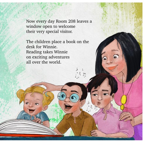 Picture book artwork with the title 'Inside spread for a special book about a little cactus wren'