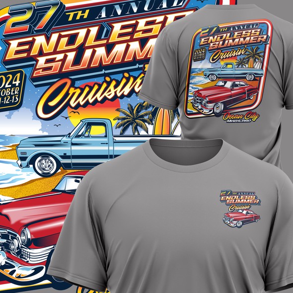 Retro t-shirt with the title 'Classic Car Show Endless Summer 2024 - t-shirt design'