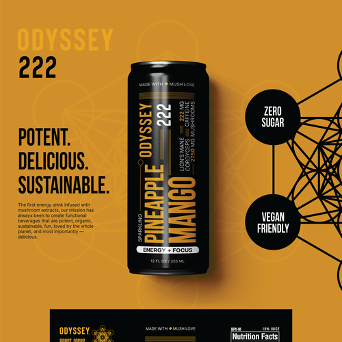 Energy drink packaging with the title 'Product design for Odyssey'