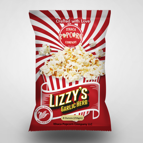 Package label with the title 'Popcorn packaging for Lizzy's - Garlic Herb flavour'