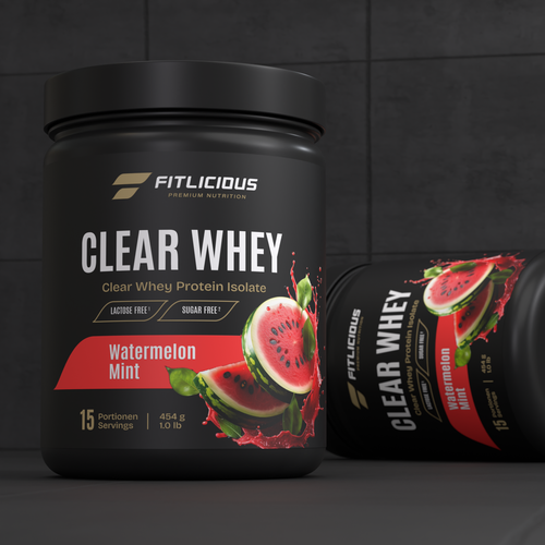 Protein packaging with the title 'Fitlicious – Clear Whey Protein (Watermelon Mint)'