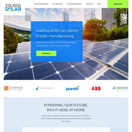Solar energy design with the title 'Solar Manufacturing Landing Page Design'