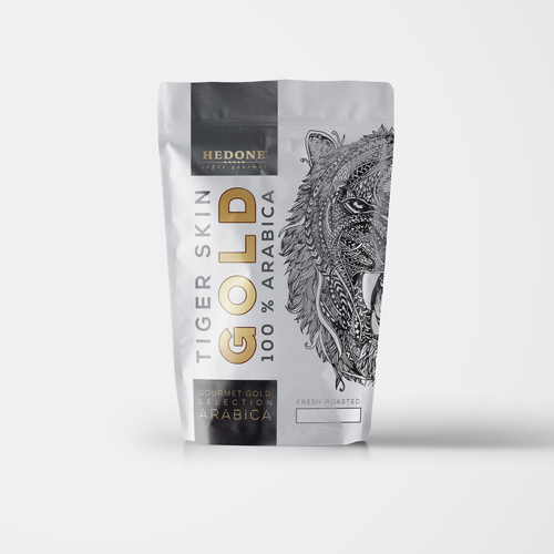 Cartoon packaging with the title 'Special package design for premium fresh roasted coffee - The tiger who brings joy to coffee lovers'