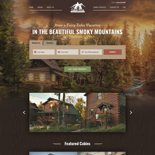 Tourism website with the title 'Cabin Pros - Luxury Cabin Rentals'