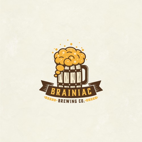 棕色和白色的标志，标题为“BRAINIAC BREWING CO”