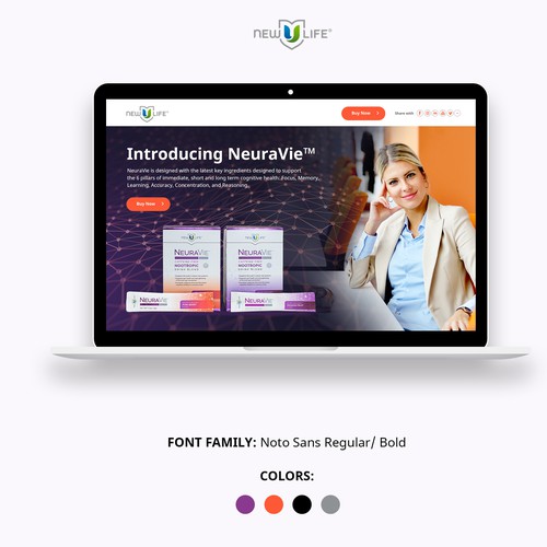 Layout design with the title 'Powerful landing page for our 1 of a kind product NeuraVie'