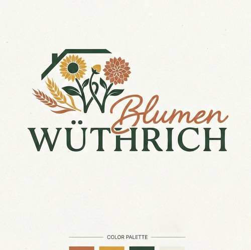 Plantation logo with the title 'Wüthrich Blumen — Flower Farm Brand Identity'