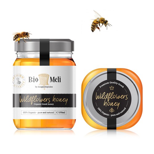 Organic label with the title 'Bio Meli Greek Honey'