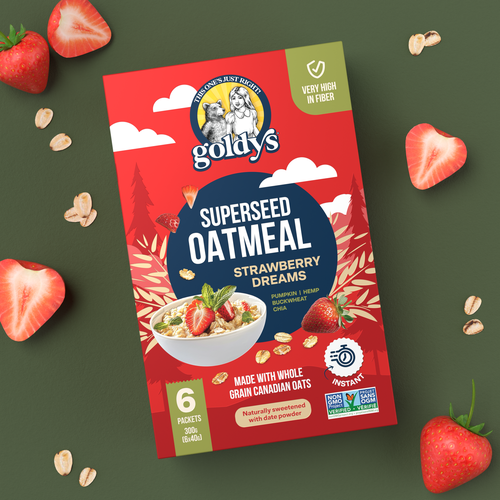 Cereal packaging with the title 'Goldy’s Superseed Oatmeal'