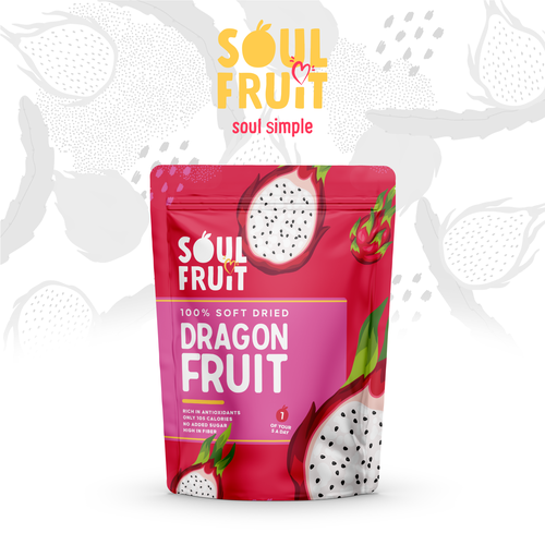 Pink packaging with the title 'Dried Dragon Fruit Pouch Bag Design'