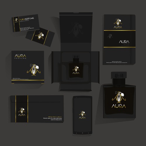 Bottle brand with the title 'logo proposal for Aura Perfume'